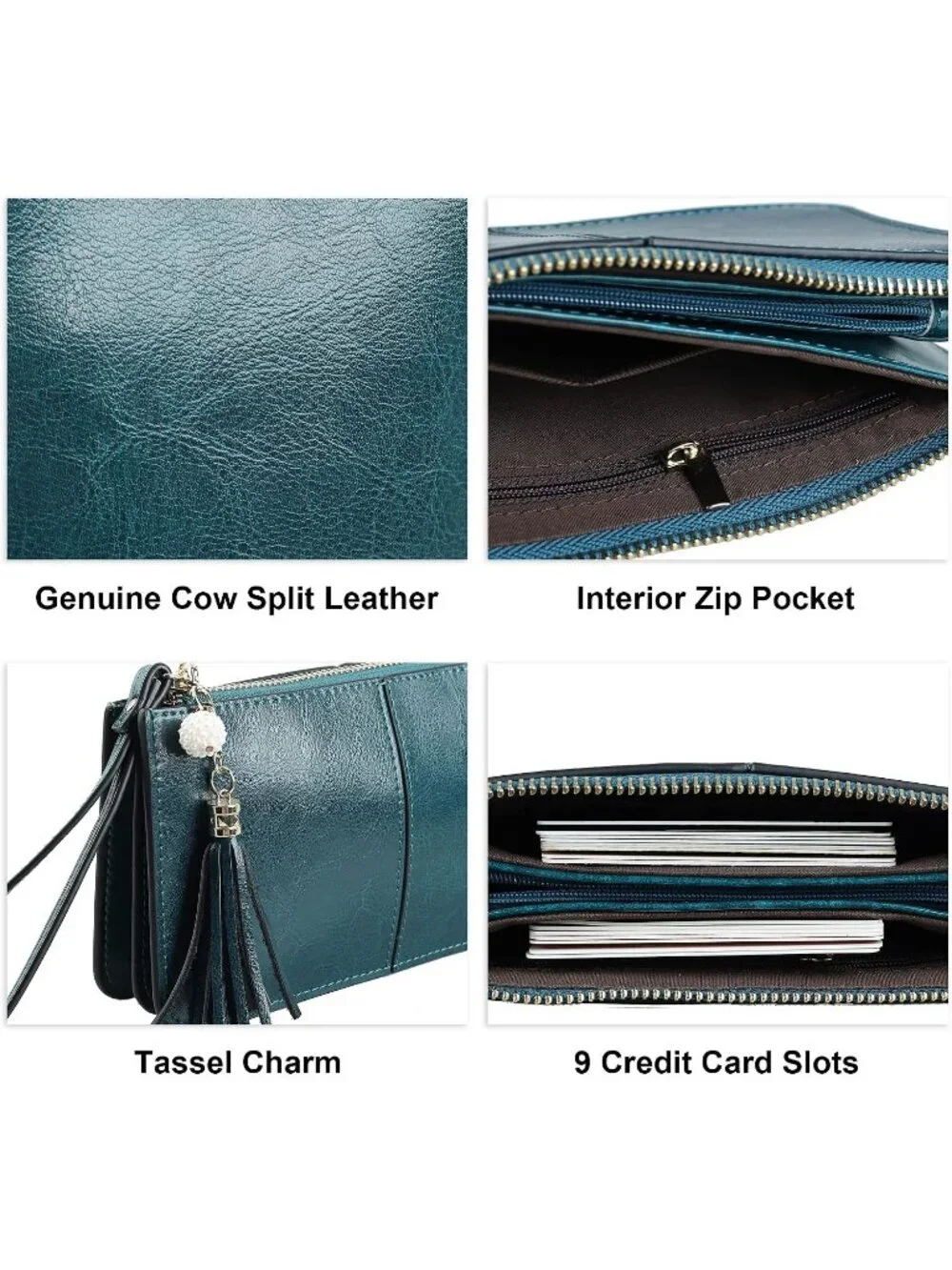 Women’s Peacock Green Genuine Leather Wristlet Clutch Slim Holder Wallet Purse